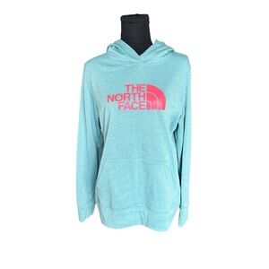 The North Face Hoodie Women’s Large Aqua Blue Pink Logo Pullover Athleisure